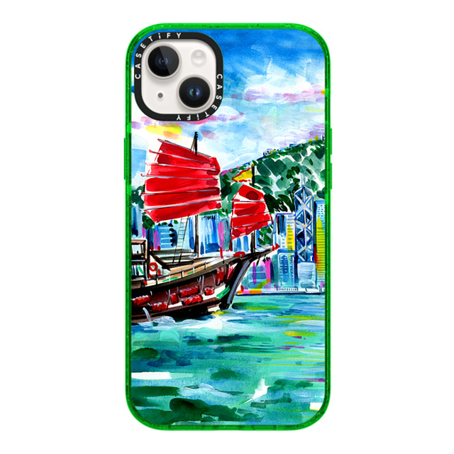 Travel Write Draw x CASETiFY iPhone 14 Plus Case Travel,Fine Art グリーン Impact Case MagSafe Compatible Victoria Harbour Hong Kong