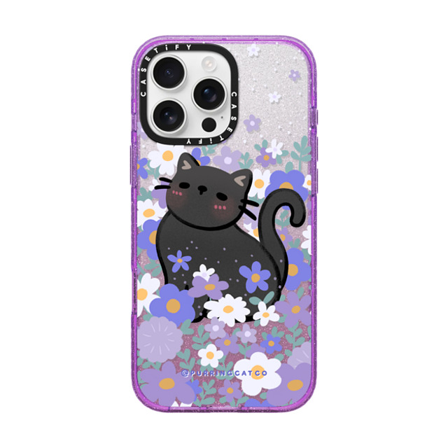 Purring Cat Co x CASETiFY iPhone 16 Pro Max ケース Glitter Purple インパクトケース MagSafe対応 Cat in Flowers by Purringcatco