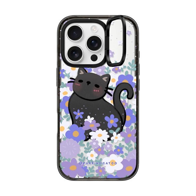 Purring Cat Co x CASETiFY iPhone 16 Pro ケース ブラック インパクトリングスタンドケース MagSafe対応 Cat in Flowers by Purringcatco