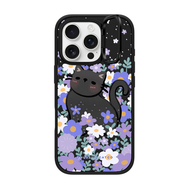 Purring Cat Co x CASETiFY iPhone 16 Pro ケース マットブラック インパクトリングスタンドケース MagSafe対応 Cat in Flowers by Purringcatco