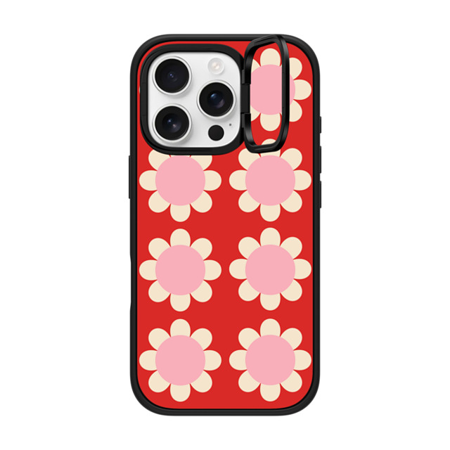 The House That Lars Built x CASETiFY iPhone 16 Pro ケース マットブラック インパクトリングスタンドケース MagSafe対応 Retro Floral Red and Pink