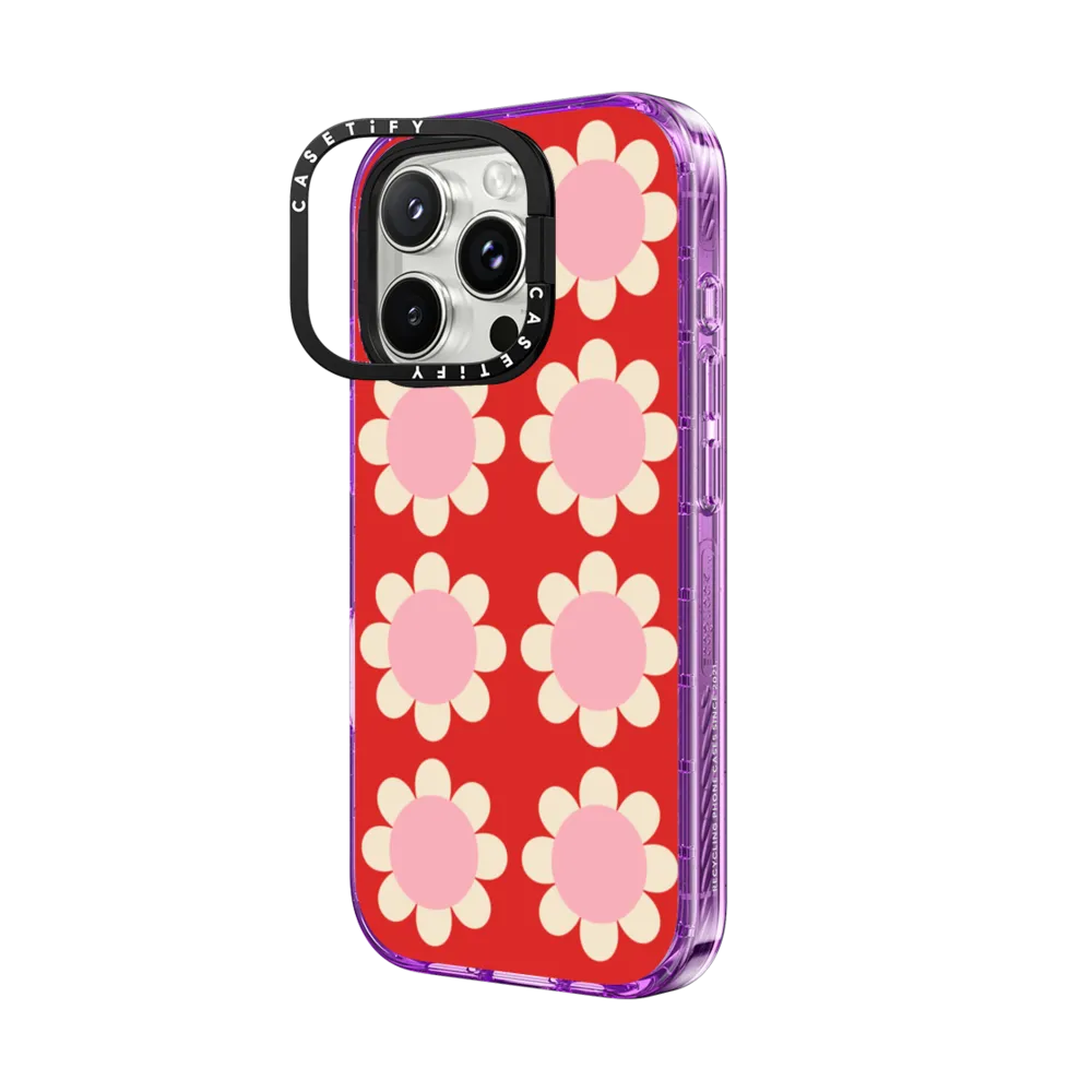 Impact Ring Stand iPhone 16 Pro Case MagSafe Compatible - Retro Floral Red and Pink