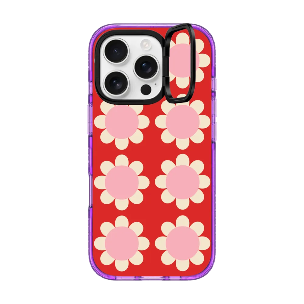 Impact Ring Stand iPhone 16 Pro Case MagSafe Compatible - Retro Floral Red and Pink