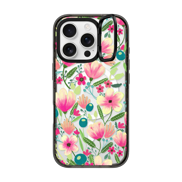 Artiisan x CASETiFY iPhone 16 Pro ケース ブラック インパクトリングスタンドケース MagSafe対応 Pink Blooming