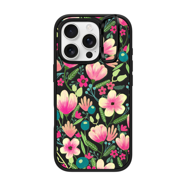 Artiisan x CASETiFY iPhone 16 Pro ケース マットブラック インパクトリングスタンドケース MagSafe対応 Pink Blooming