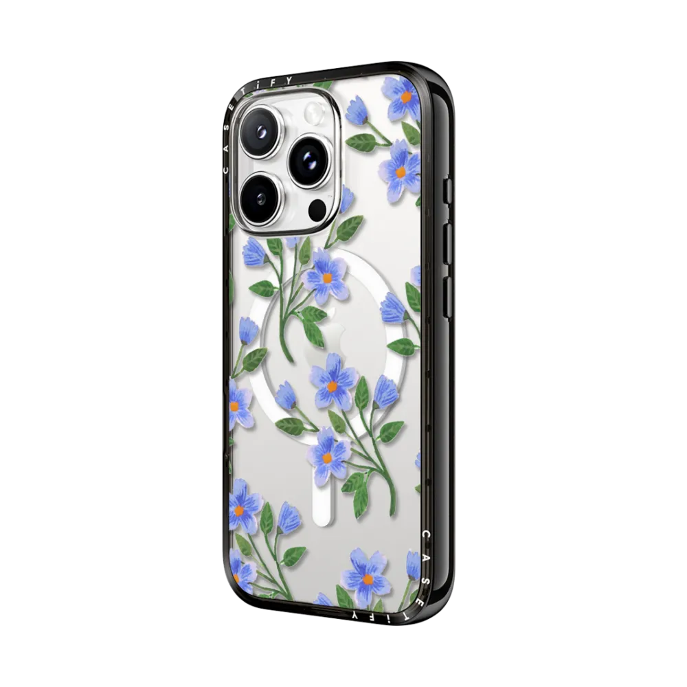 Compact iPhone 16 Pro Case MagSafe Compatible - Blue Flowers