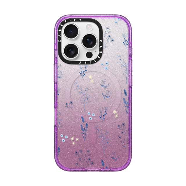 Artiisan x CASETiFY iPhone 16 Pro ケース Glitter Purple インパクトケース MagSafe対応 Small blue flowers