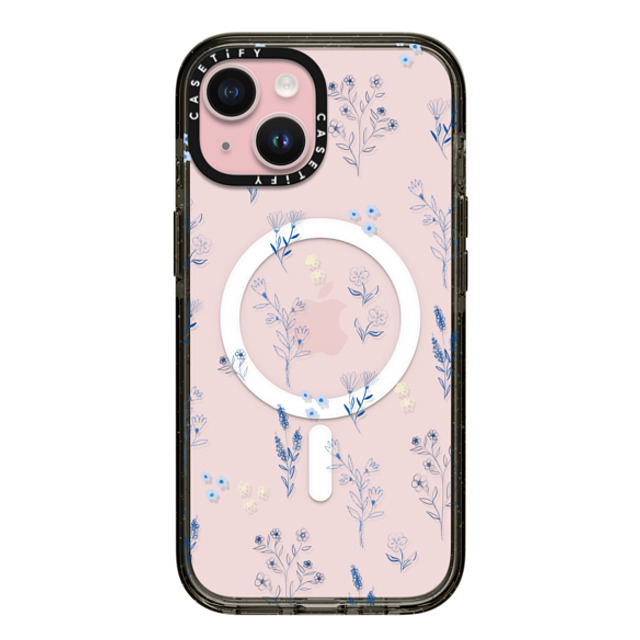 Artiisan x CASETiFY iPhone 15 ケース ブラック インパクトケース MagSafe対応 Small blue flowers