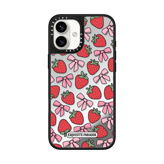 The Exquisite Paradox x CASETiFY iPhone 16 Plus ケース Silver on Black ミラーケース MagSafe対応 Strawberry Bows