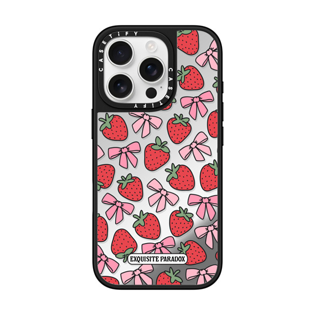 The Exquisite Paradox x CASETiFY iPhone 16 Pro ケース Silver on Black ミラーケース MagSafe対応 Strawberry Bows