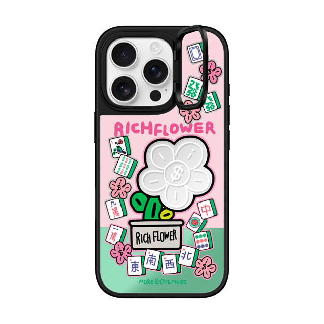 RICH FLOWER x CASETiFY iPhone 16 Pro ケース Silver on Black ミラー リングスタンドケース MagSafe対応 Joy and Prosperity
