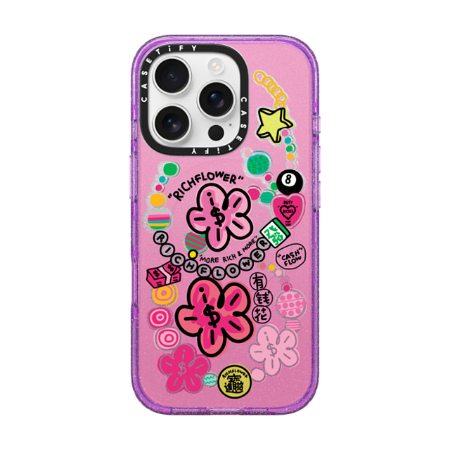 RICH FLOWER x CASETiFY iPhone 16 Pro ケース Glitter Purple インパクトケース MagSafe対応 Good Luck All Year Long