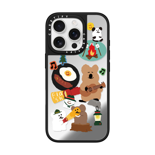 Dinotaeng x CASETiFY iPhone 16 Pro ケース Silver on Black ミラーケース MagSafe対応 Happy Campers