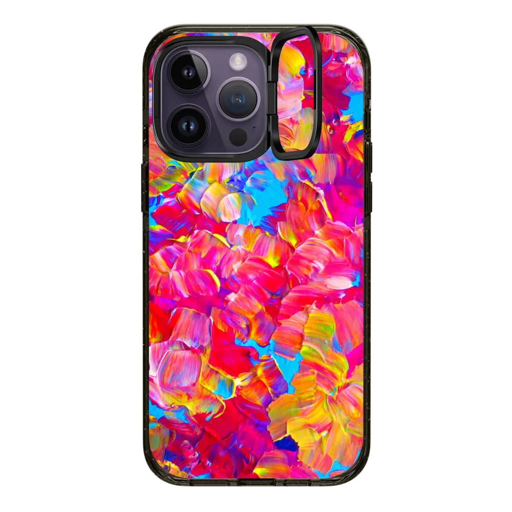 Impact Ring Stand iPhone 14 Pro Max Case MagSafe Compatible - FLORAL FANTASY - Bold Abstract Flowers Acrylic Textural Painting Neon Hot Pink Turquoise Garden Bouquet Girlie Sweet Lovely Feminine Art Painting