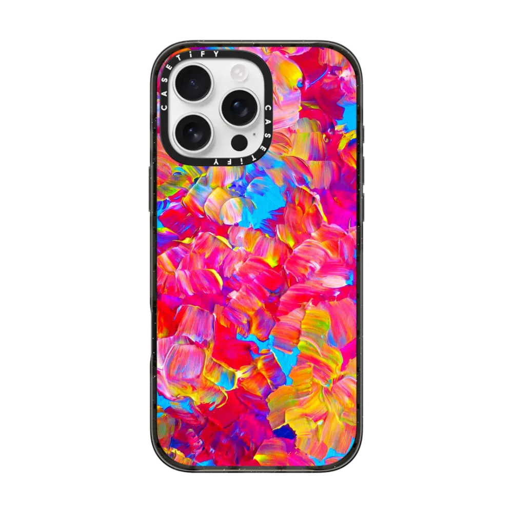 Impact iPhone 16 Pro Max Case MagSafe Compatible - FLORAL FANTASY - Bold Abstract Flowers Acrylic Textural Painting Neon Hot Pink Turquoise Garden Bouquet Girlie Sweet Lovely Feminine Art Painting
