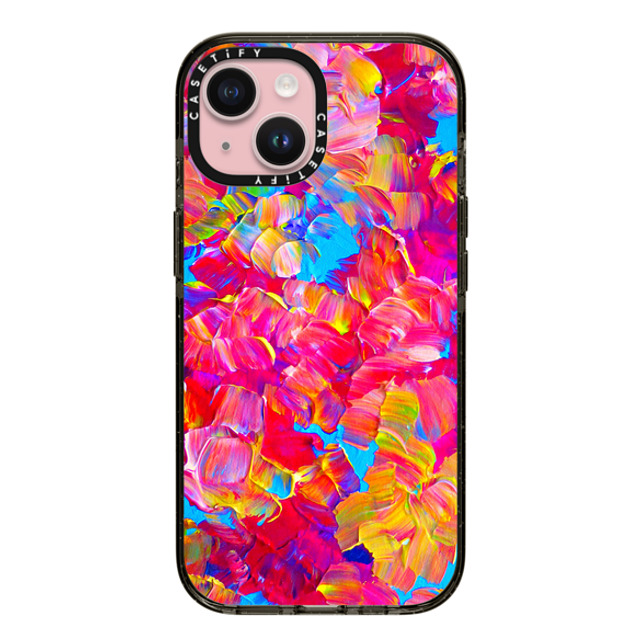 Ebi Emporium x CASETiFY iPhone 15 ケース ブラック インパクトケース FLORAL FANTASY - Bold Abstract Flowers Acrylic Textural Painting Neon Hot Pink Turquoise Garden Bouquet Girlie Sweet Lovely Feminine Art Painting