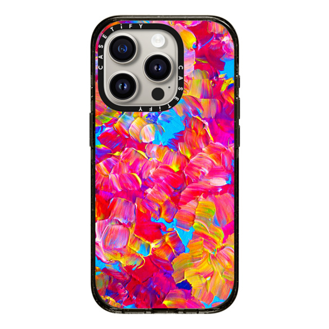 Ebi Emporium x CASETiFY iPhone 15 Pro ケース ブラック インパクトケース FLORAL FANTASY - Bold Abstract Flowers Acrylic Textural Painting Neon Hot Pink Turquoise Garden Bouquet Girlie Sweet Lovely Feminine Art Painting