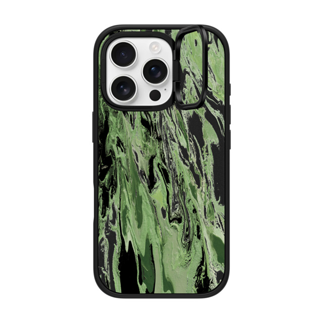 Ebi Emporium x CASETiFY iPhone 16 Pro ケース マットブラック インパクトリングスタンドケース MagSafe対応 WITH THE TIDES, GREENERY Ocean Waves Summer Olive Green Beach Colorful Sea Nautical Coastal Chic Transparent Abstract Painting