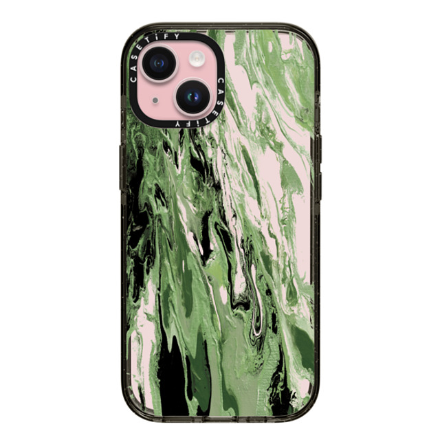 Ebi Emporium x CASETiFY iPhone 15 ケース ブラック インパクトケース WITH THE TIDES, GREENERY Ocean Waves Summer Olive Green Beach Colorful Sea Nautical Coastal Chic Transparent Abstract Painting