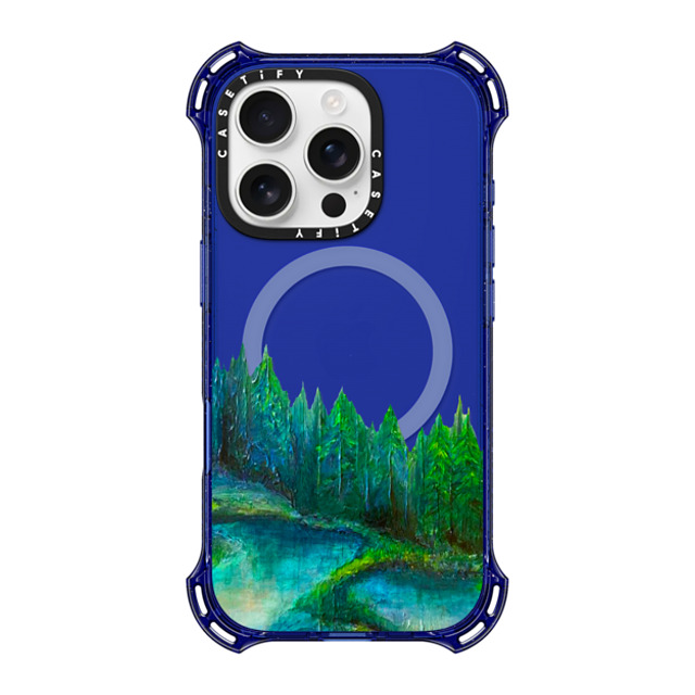 Ebi Emporium x CASETiFY iPhone 16 Pro ケース コバルトブルー バウンスケース WOODLAND RETREAT 1, FOREST TREES TEAL BLUE GREEN NATURE MOUNTAINS PAINTING