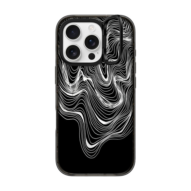 Ebi Emporium x CASETiFY iPhone 16 Pro ケース ブラック インパクトリングスタンドケース MagSafe対応 WOBBLE 2, BLACK & WHITE MINIMALIST OCEAN WAVES LINEAR ILLUSTRATION