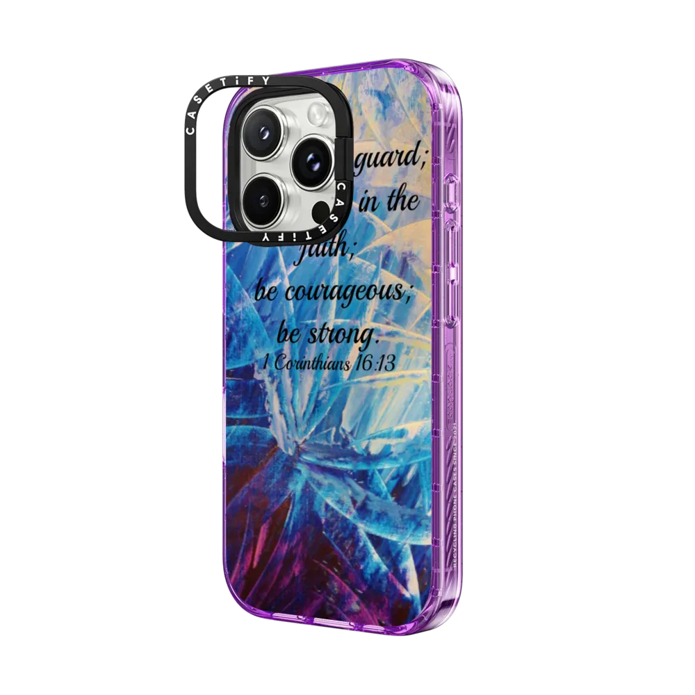 Impact Ring Stand iPhone 16 Pro Max Case MagSafe Compatible - BE STRONG Christian Fine Art Abstract Bible Verse Corinthians Jesus Christ God Faith Strength Elegant Blue Purple Swirls Floral Chic Painting