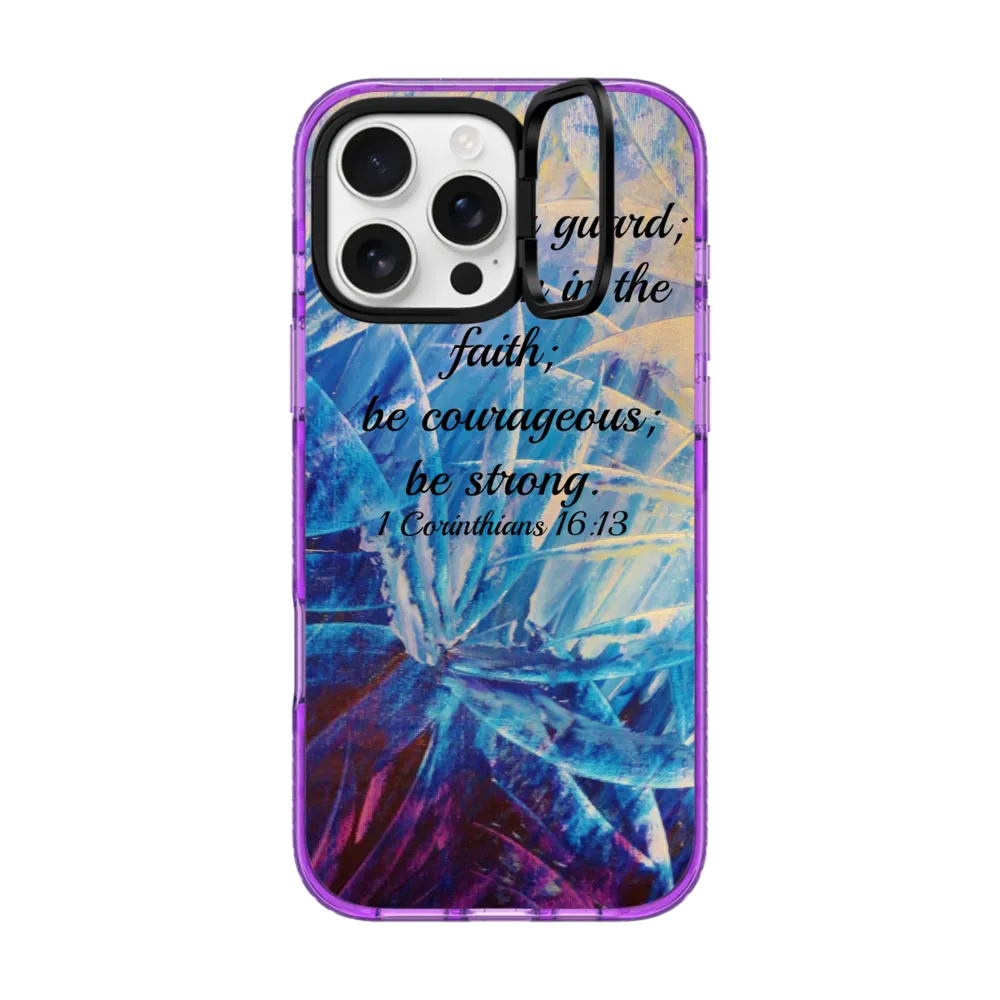 Impact Ring Stand iPhone 16 Pro Max Case MagSafe Compatible - BE STRONG Christian Fine Art Abstract Bible Verse Corinthians Jesus Christ God Faith Strength Elegant Blue Purple Swirls Floral Chic Painting