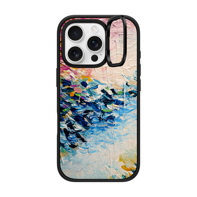 Ebi Emporium x CASETiFY iPhone 16 Pro ケース マットブラック インパクトリングスタンドケース MagSafe対応 PARADISE DREAMING - Lovely Tropical Island Dreams Whimsical Colorful Bold Rainbow Pastel Abstract Lagoon Nature White Pink Blue Painting