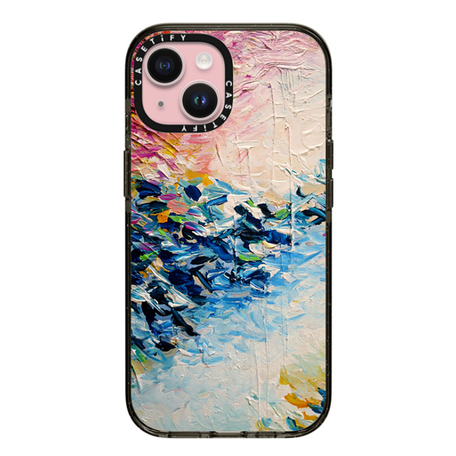 Ebi Emporium x CASETiFY iPhone 15 ケース ブラック インパクトケース PARADISE DREAMING - Lovely Tropical Island Dreams Whimsical Colorful Bold Rainbow Pastel Abstract Lagoon Nature White Pink Blue Painting