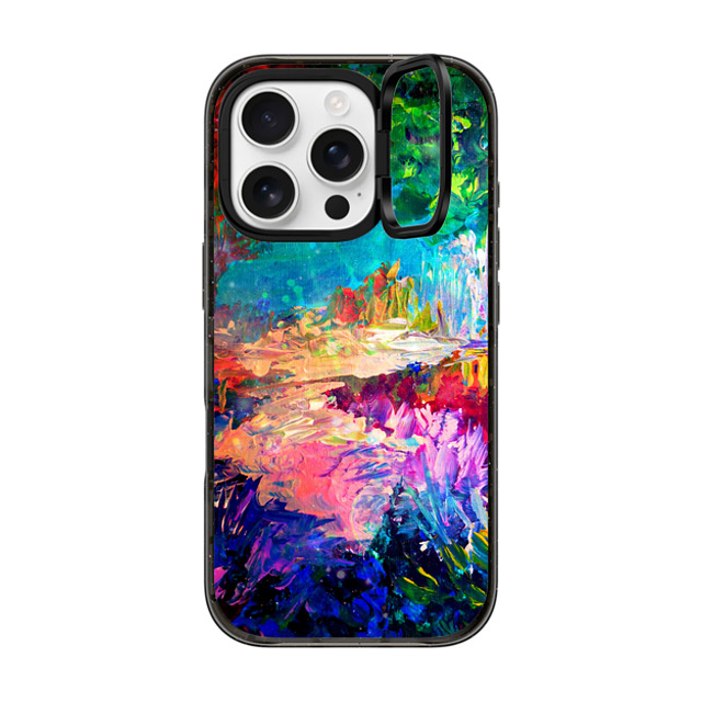 Ebi Emporium x CASETiFY iPhone 16 Pro ケース ブラック インパクトリングスタンドケース MagSafe対応 WELCOME TO UTOPIA - Colorful Magical Forest Abstract Trees Floral Nature Galaxy Flowers Rainbow Bold Whimsical Fairy Land Painting