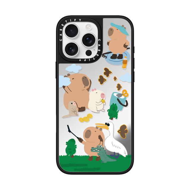 Capybara Biubiu x CASETiFY iPhone 16 Pro Max ケース Silver on Black ミラーケース MagSafe対応 Touring Capybara