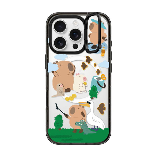 Capybara Biubiu x CASETiFY iPhone 16 Pro ケース ブラック インパクトリングスタンドケース MagSafe対応 Touring Capybara