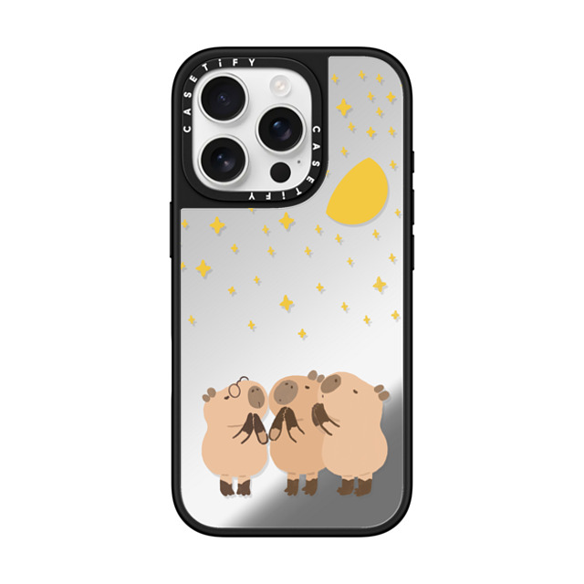 Capybara Biubiu x CASETiFY iPhone 16 Pro ケース Silver on Black ミラーケース MagSafe対応 Wishing Capybara