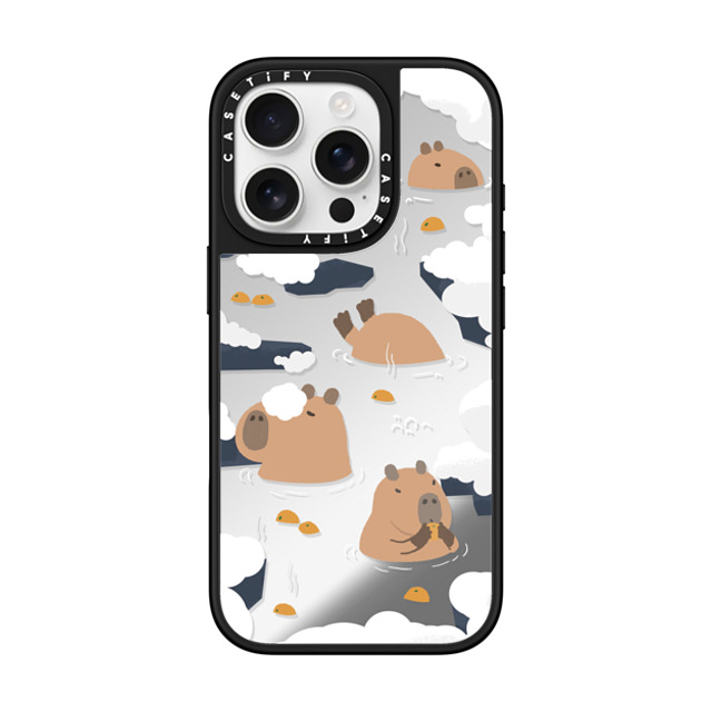 Capybara Biubiu x CASETiFY iPhone 16 Pro ケース Silver on Black ミラーケース MagSafe対応 Floating Capybara