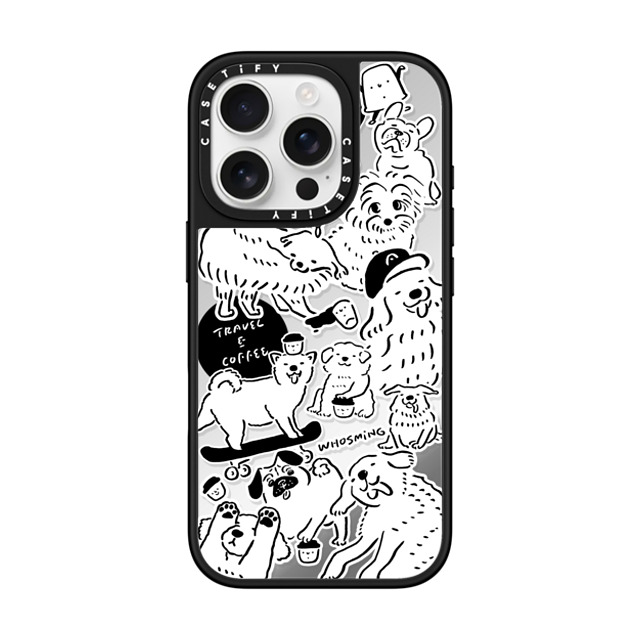 WHOSMiNG x CASETiFY iPhone 16 Pro ケース Silver on Black ミラーケース MagSafe対応 DOG STICKERS