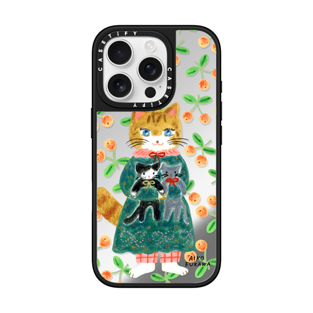 Aiko Fukawa x CASETiFY iPhone 16 Pro ケース Silver on Black ミラーケース MagSafe対応 cat and stuffed cats