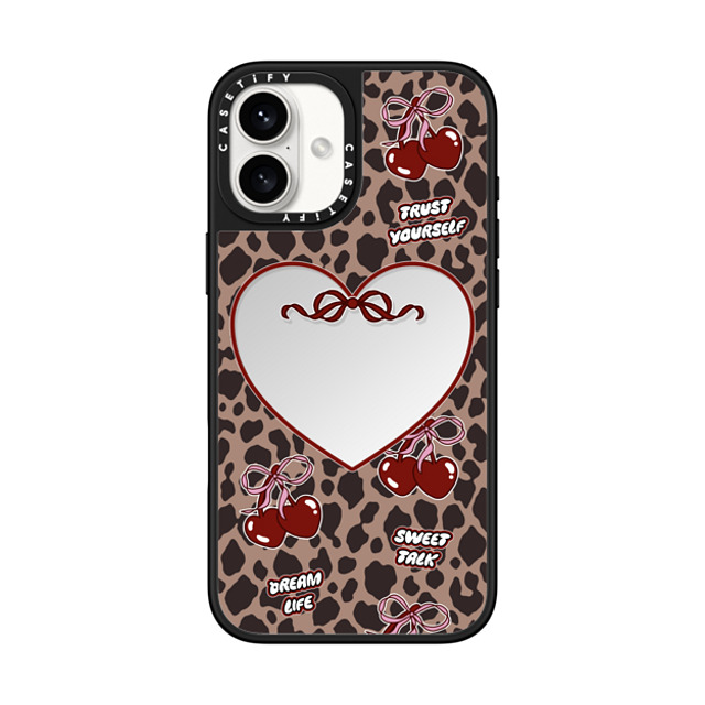 Top Girl Studio x CASETiFY iPhone 16 Plus ケース Silver on Black ミラーケース MagSafe対応 Leopard Cherries