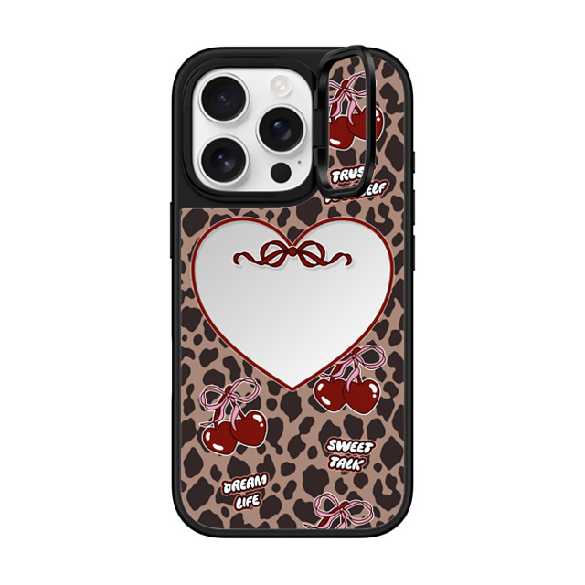 Top Girl Studio x CASETiFY iPhone 16 Pro ケース Silver on Black ミラー リングスタンドケース MagSafe対応 Leopard Cherries