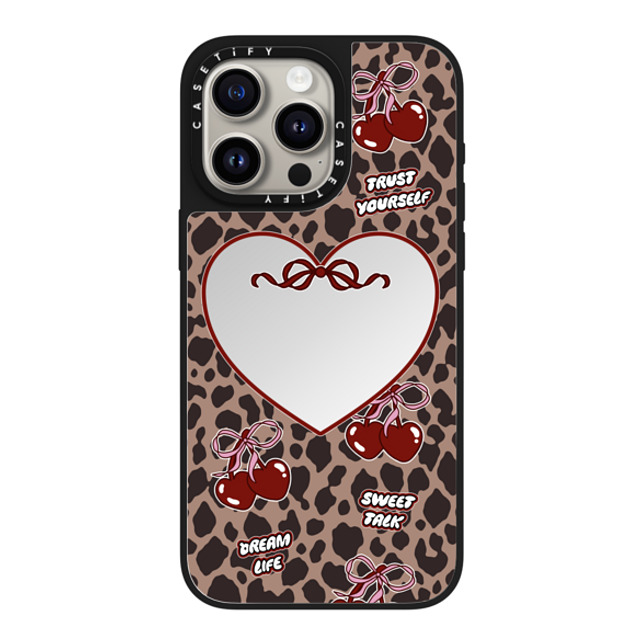 Top Girl Studio x CASETiFY iPhone 15 Pro Max ケース Silver on Black ミラーケース MagSafe対応 Leopard Cherries