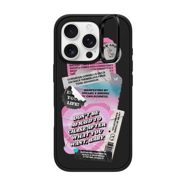 Top Girl Studio x CASETiFY iPhone 16 Pro ケース マットブラック インパクトリングスタンドケース MagSafe対応 ステッカー