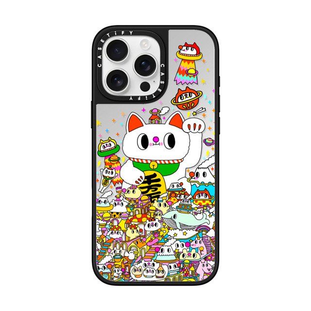 Messy Desk x CASETiFY iPhone 16 Pro Max ケース Silver on Black ミラーケース MagSafe対応 Lucky Cat