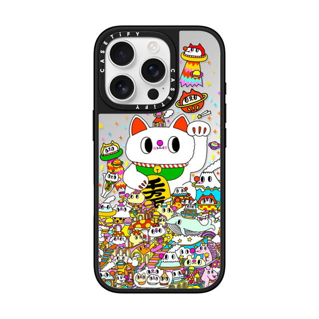 Messy Desk x CASETiFY iPhone 16 Pro ケース Silver on Black ミラーケース MagSafe対応 Lucky Cat