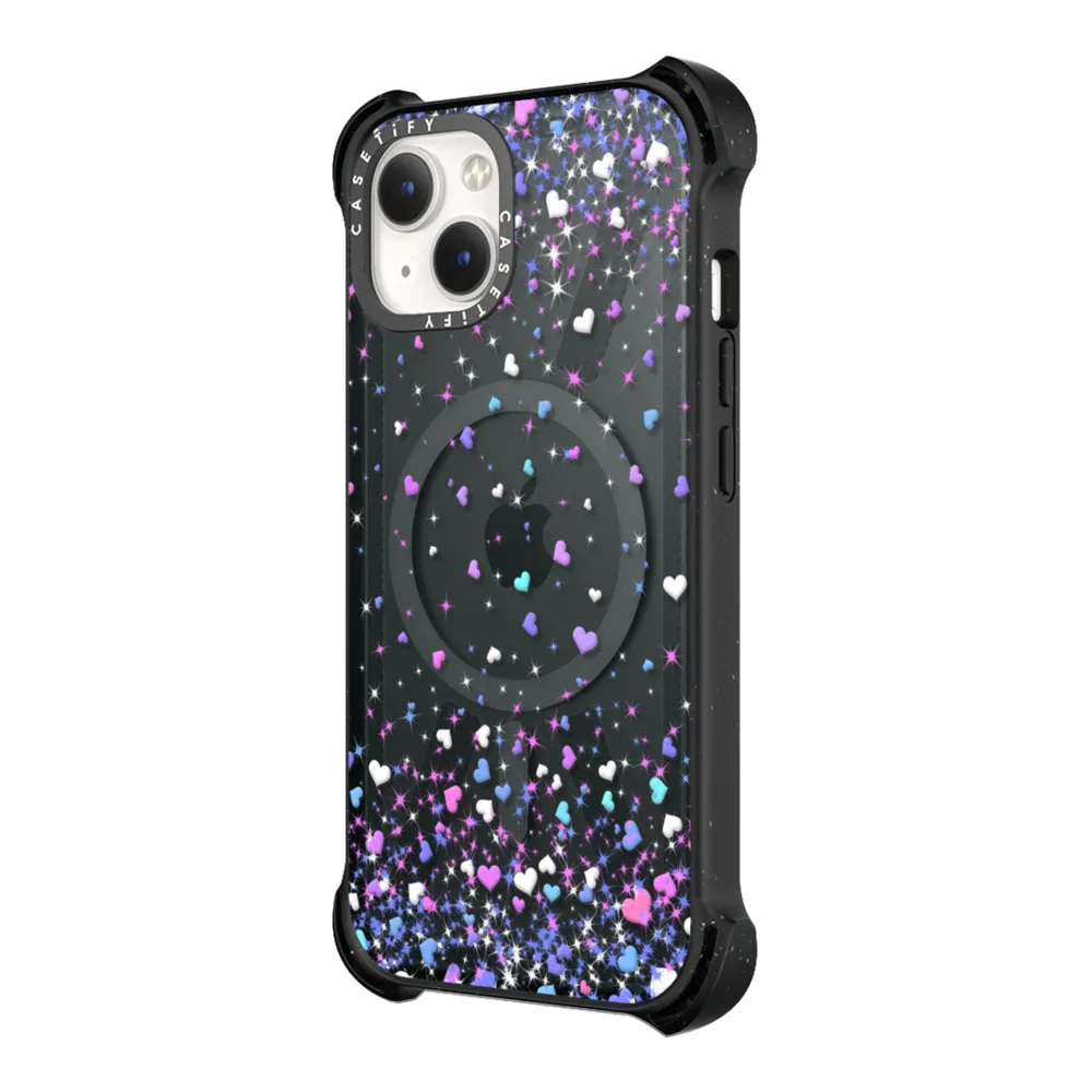 Bounce iPhone 14 Plus Case MagSafe Compatible - Blue Purple Hearts Rain Transparent