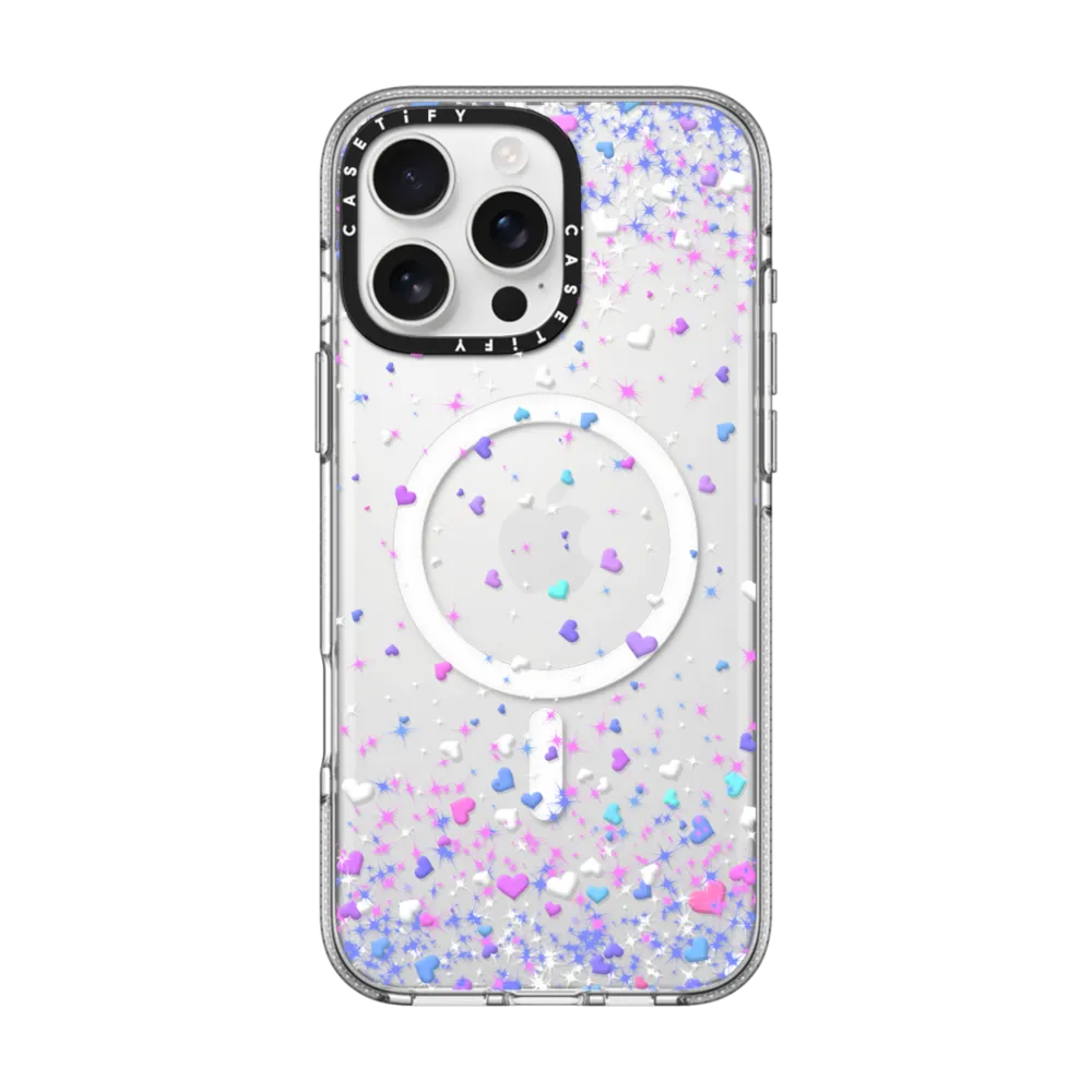 Clear iPhone 16 Pro Max Case MagSafe Compatible - Blue Purple Hearts Rain Transparent 