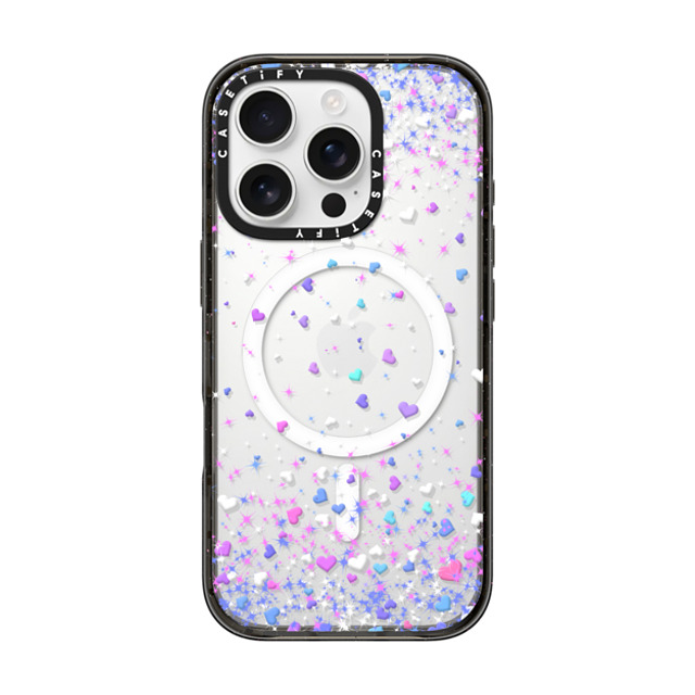 Organic Saturation x CASETiFY iPhone 16 Pro ケース ブラック インパクトケース MagSafe対応 Blue Purple Hearts Rain Transparent