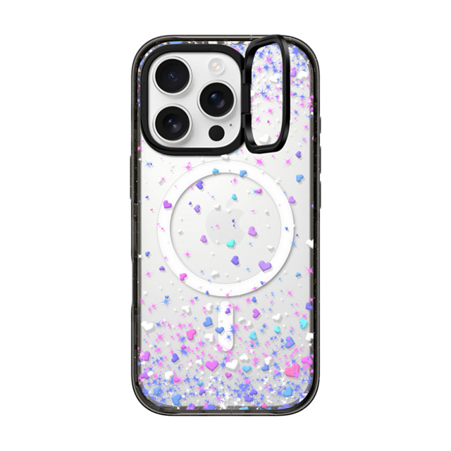 Organic Saturation x CASETiFY iPhone 16 Pro ケース ブラック インパクトリングスタンドケース MagSafe対応 Blue Purple Hearts Rain Transparent