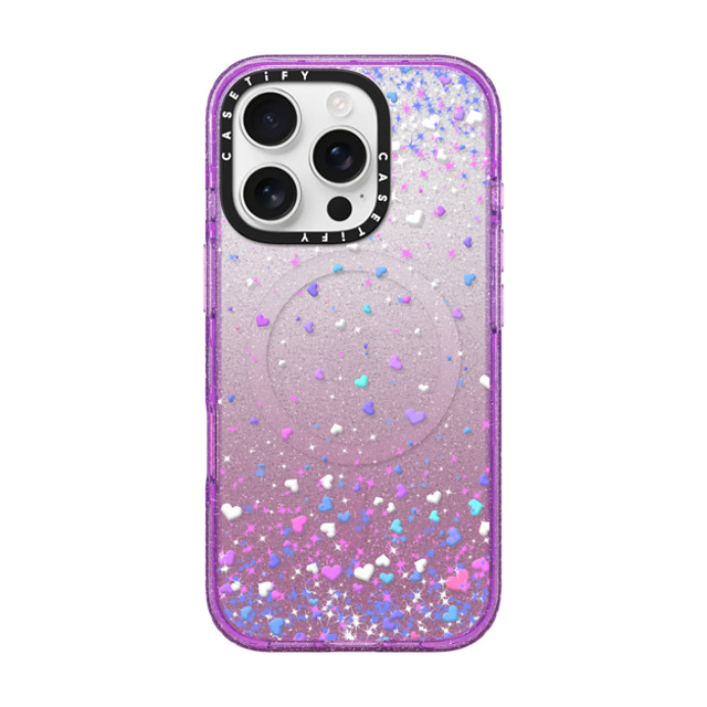 Organic Saturation x CASETiFY iPhone 16 Pro ケース Glitter Purple インパクトケース MagSafe対応 Blue Purple Hearts Rain Transparent