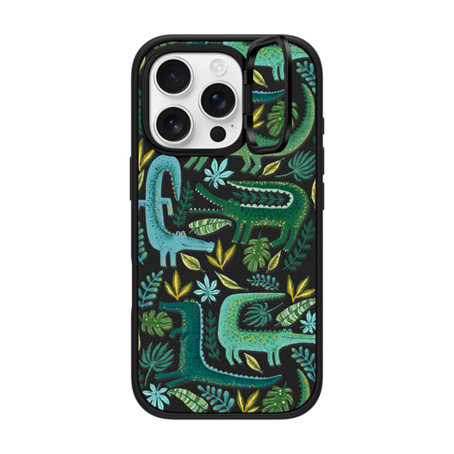 Papio Press x CASETiFY iPhone 16 Pro ケース マットブラック インパクトリングスタンドケース MagSafe対応 Green Crocodiles Wildlife