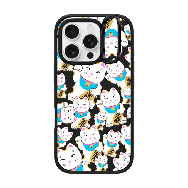 Marta Olga Klara x CASETiFY iPhone 16 Pro ケース マットブラック インパクトリングスタンドケース MagSafe対応 Good luck cat maneki-neko