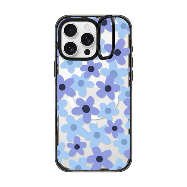 Marta Olga Klara x CASETiFY iPhone 16 Pro Max ケース ブラック インパクトリングスタンドケース MagSafe対応 sixties retro blue floral on clear background